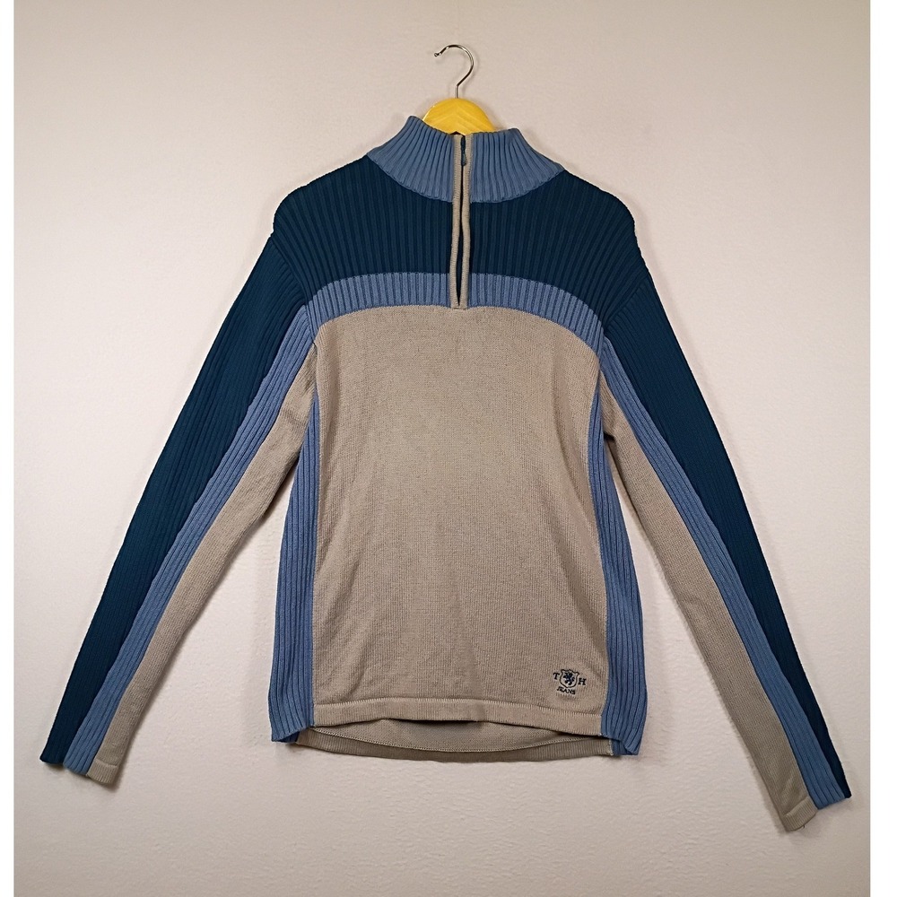 Preppy Hilfiger Denim Mens Small Blue Tan Colorblock Ribbed 1/4 Zip Sweater